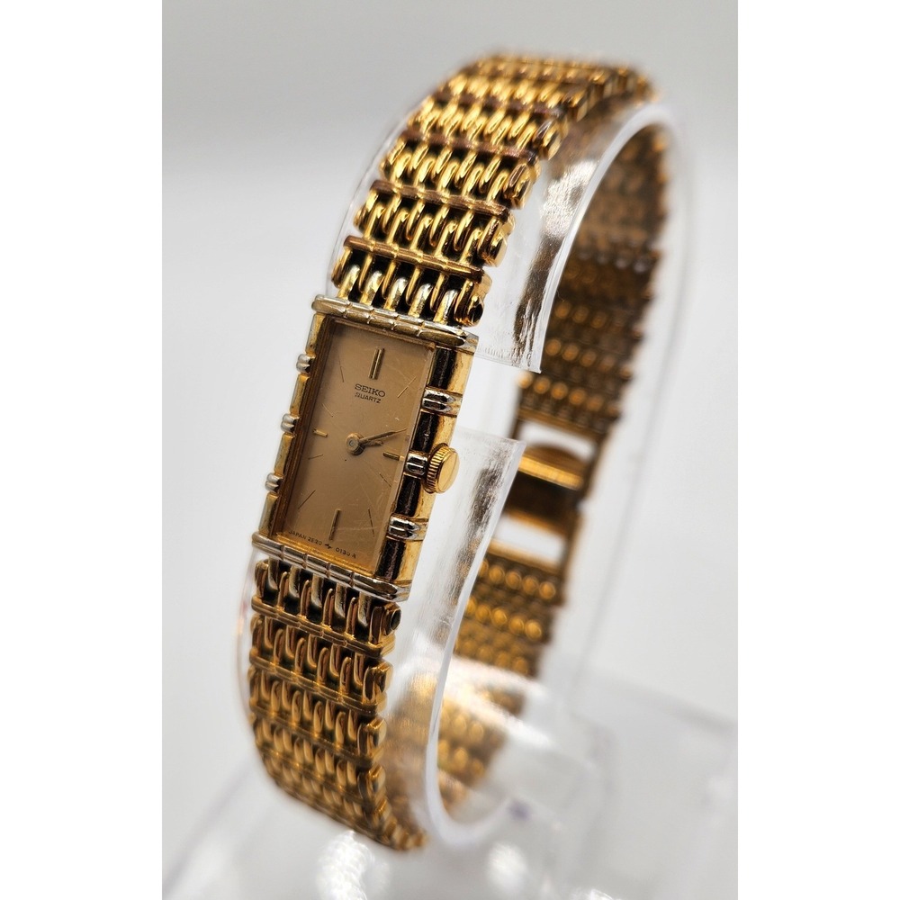 Vtg Seiko Slim Tank Watch Women 6.5 Gold Tone Rectangle Dial 2E20-5079